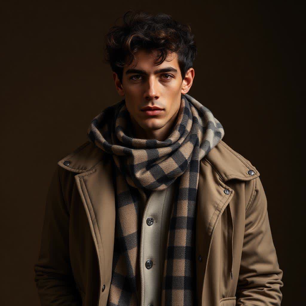 Male model in layered beige jacket and checkered scarf