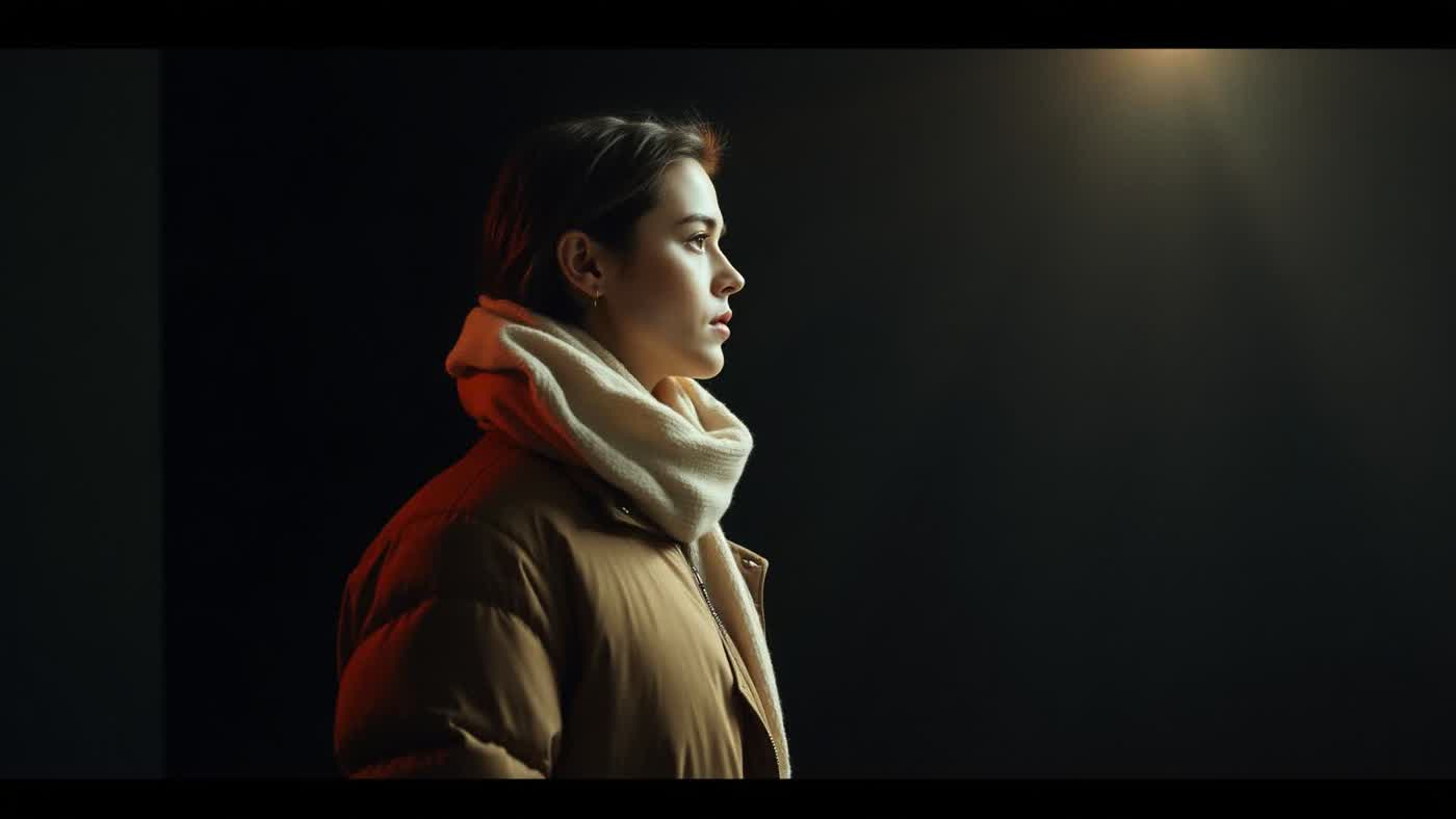 Model in beige puffer jacket and cream scarf
